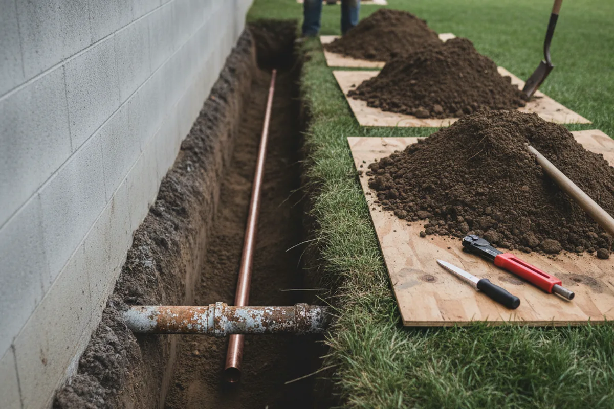 Excavated water line trench during Water Heater Repair in Asheboro